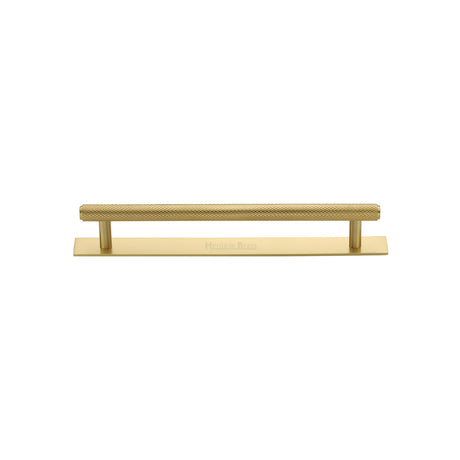 High quality image of the Heritage Brass Cabinet Pull Knurled Design with Plate 96mm CTC Satin Brass Finish | Sku. pl4458-96-sb | Discounted prices available from Trade Door Handles