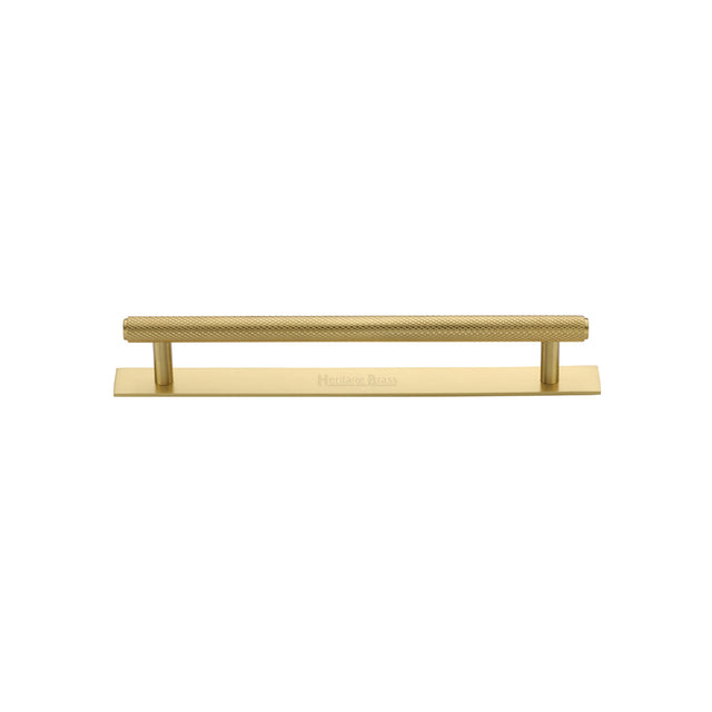 High quality image of the Heritage Brass Cabinet Pull Knurled Design with Plate 96mm CTC Satin Brass Finish | Sku. pl4458-96-sb | Discounted prices available from Trade Door Handles
