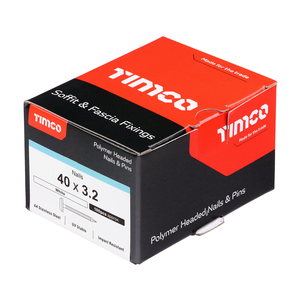 This is an image of Timco - Polymer Headed Nails - A4 Stainless Steel - White 40mm (100 PCS Box) PN40W