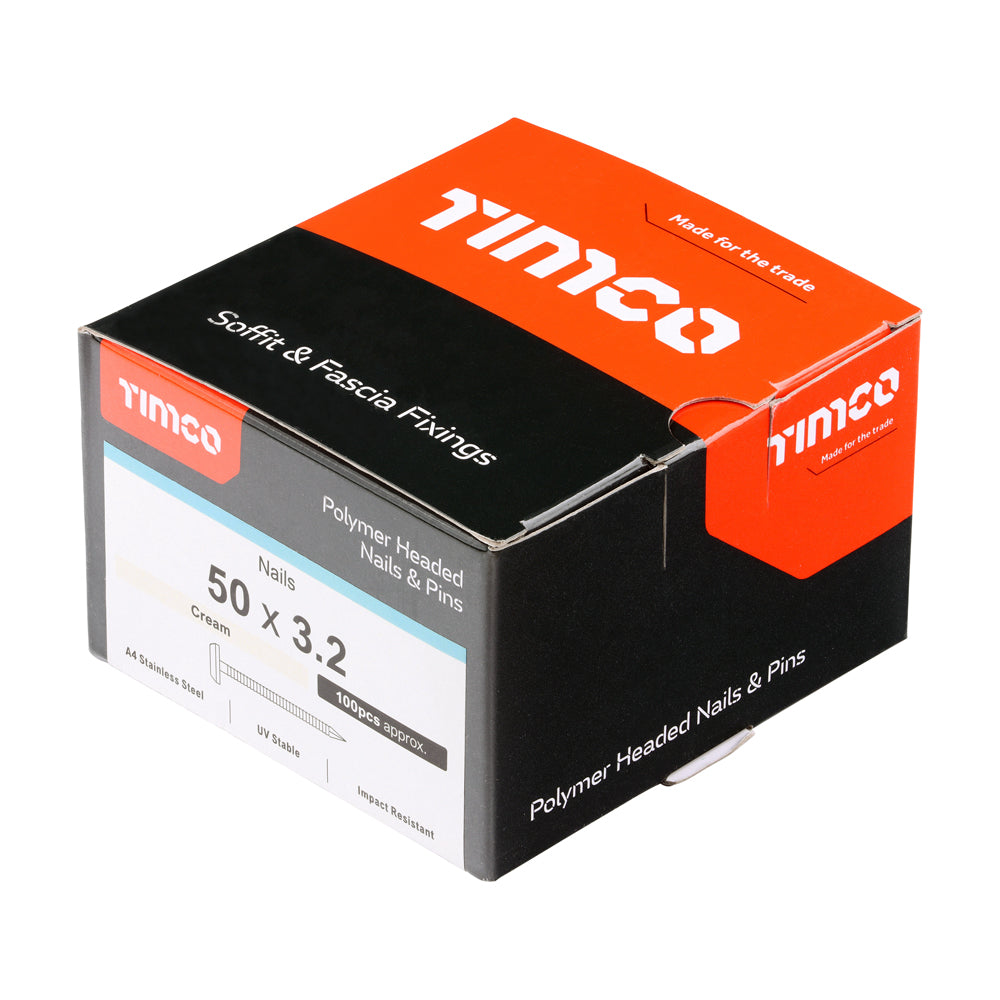 This is an image of Timco - Polymer Headed Nails - A4 Stainless Steel - Cream 50mm (100 PCS Box) PN50CC