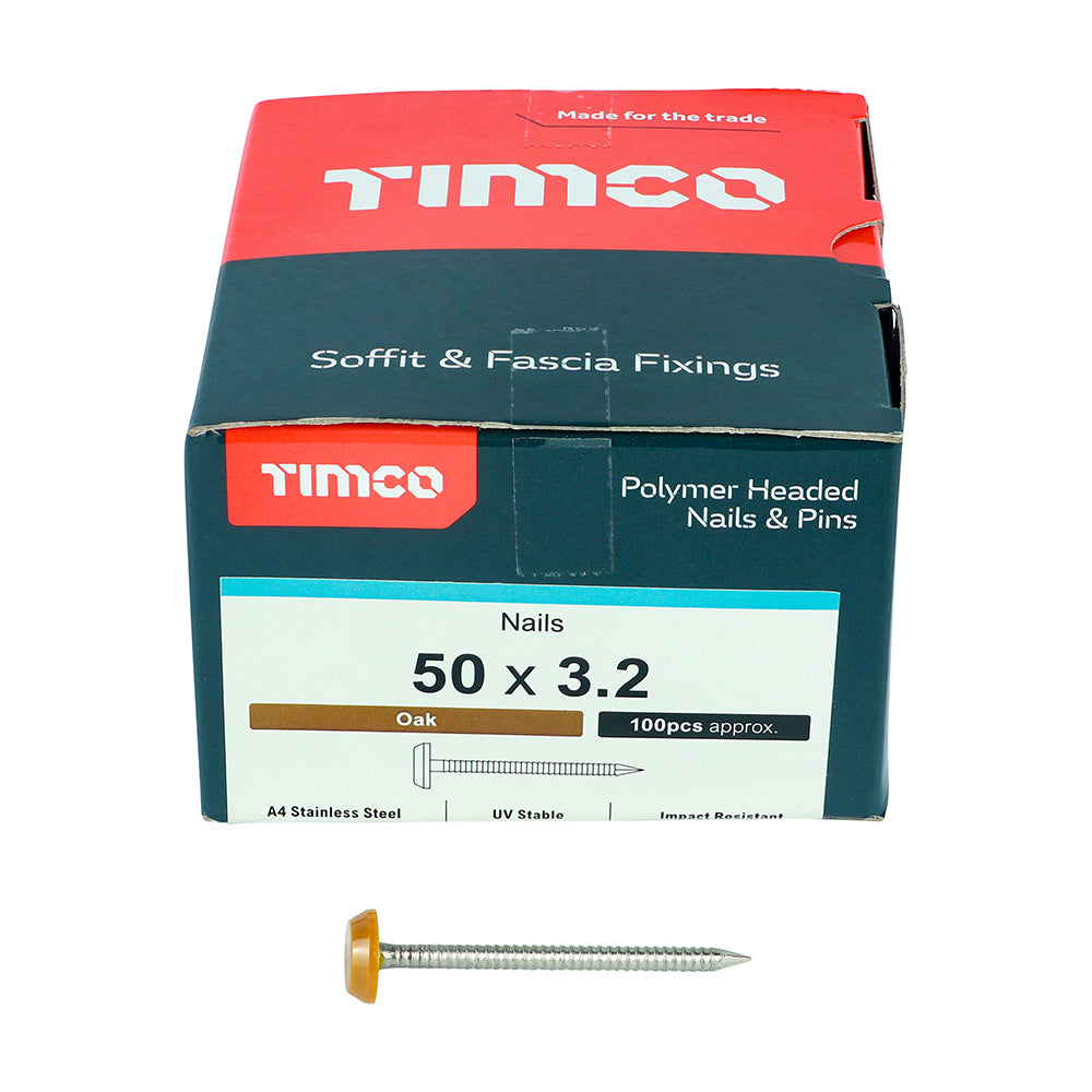 This is an image of Timco - Polymer Headed Nails - A4 Stainless Steel - Oak 50mm (100 PCS Box) PN50O