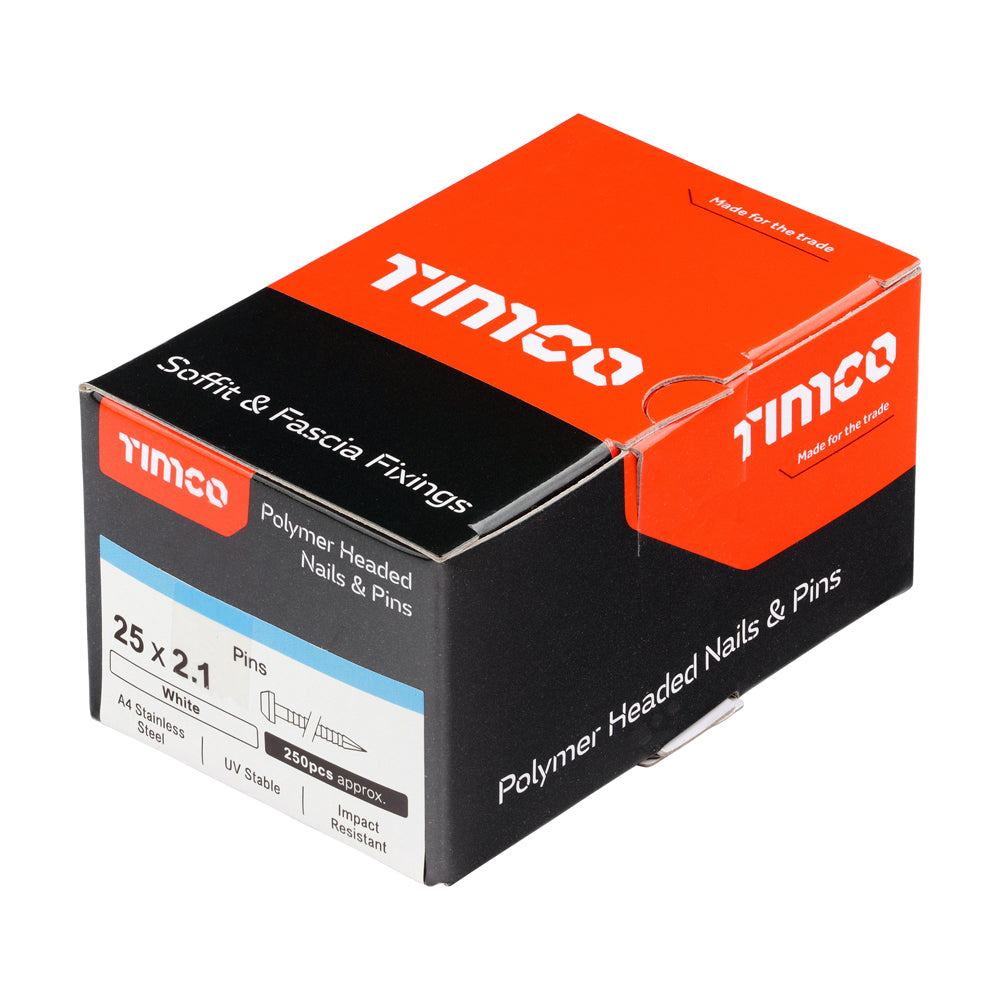 This is an image of Timco - Polymer Headed Pins - A4 Stainless Steel - White 25mm (250 PCS Box) PP25W