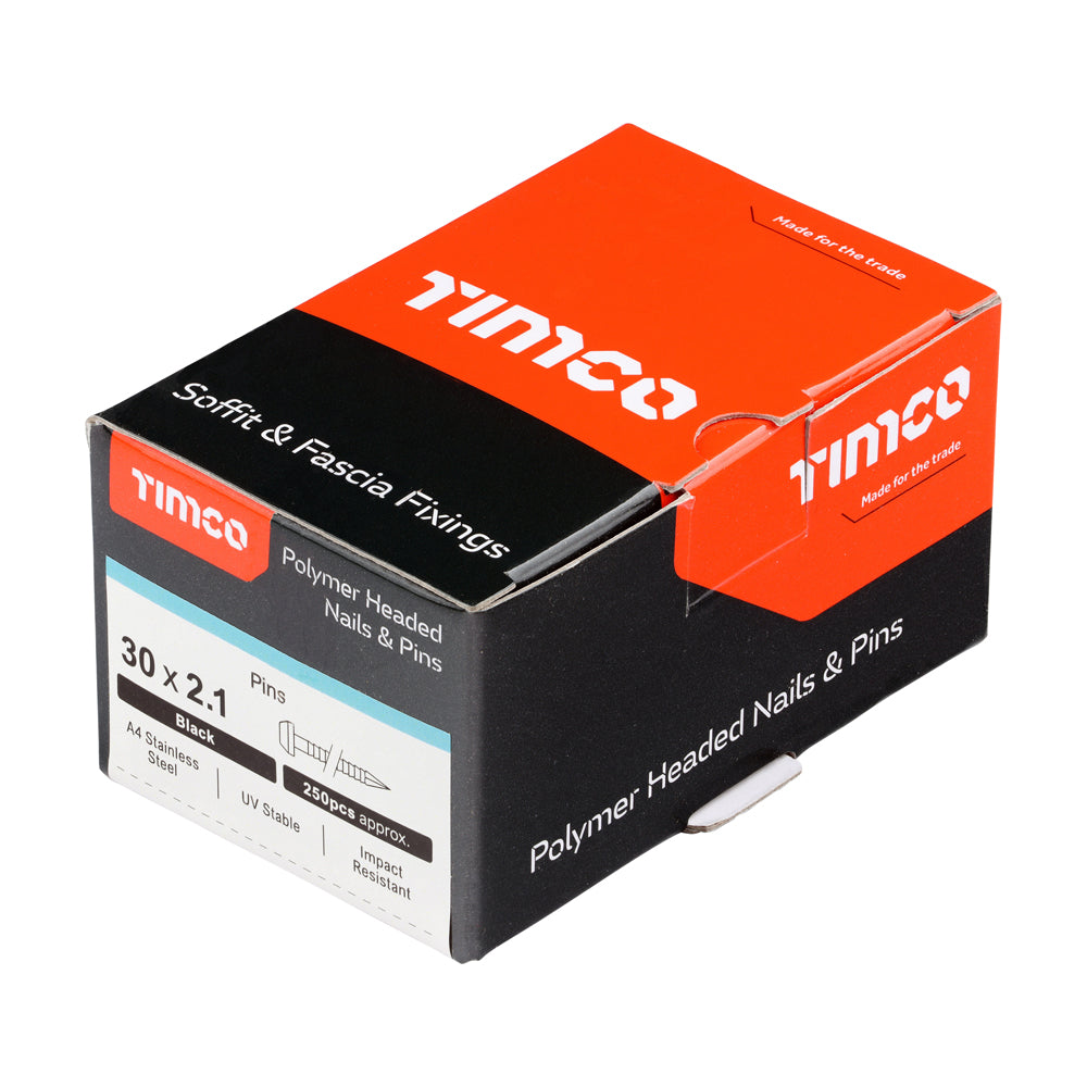 This is an image of Timco - Polymer Headed Pins - A4 Stainless Steel - Black 30mm (250 PCS Box) PP30BL