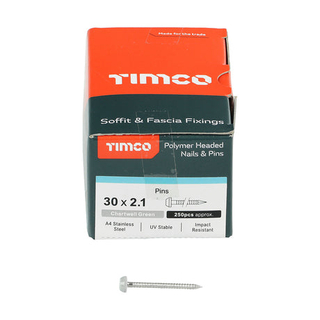 This is an image of Timco - Polymer Headed Pins - A4 Stainless Steel - Chartwell Green 30mm (250 PCS Box) PP30CG