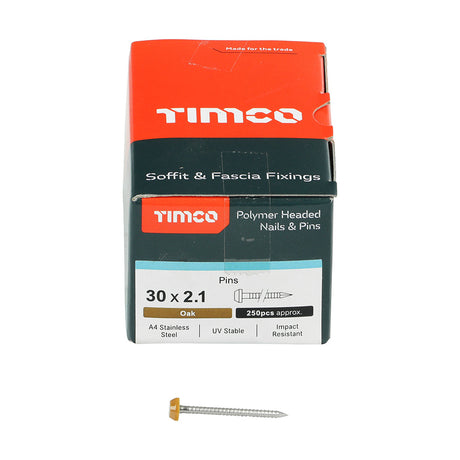 This is an image of Timco - Polymer Headed Pins - A4 Stainless Steel - Oak 30mm (250 PCS Box) PP30O