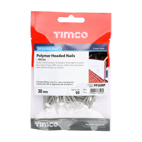 This is an image of Timco - Polymer Headed Pins - Stainless Steel - White 30mm (60 PCS TIMpac) PP30WP