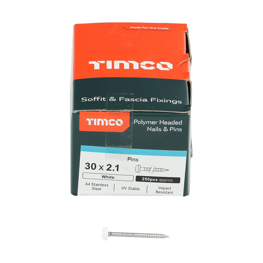 This is an image of Timco - Polymer Headed Pins - A4 Stainless Steel - White 30mm (250 PCS Box) PP30W