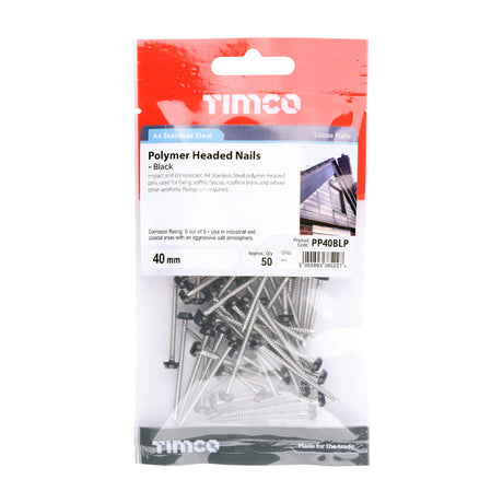 This is an image of Timco - Polymer Headed Pins - Stainless Steel - Black 40mm (50 PCS TIMpac) PP40BLP