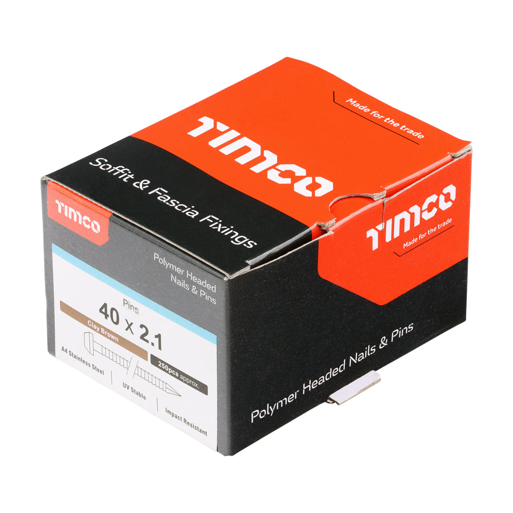 This is an image of Timco - Polymer Headed Pins - A4 Stainless Steel - Clay Brown 40mm (250 PCS Box) PP40CB