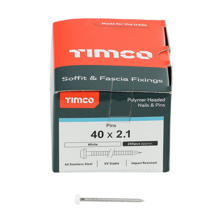 This is an image of Timco - Polymer Headed Pins - A4 Stainless Steel - White 40mm (250 PCS Box) PP40W