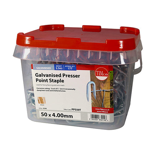 This is an image of Timco - Presser Point Staples - Galvanised 50 x 4.00mm (2.5 Kg TIMtub) PPS50T