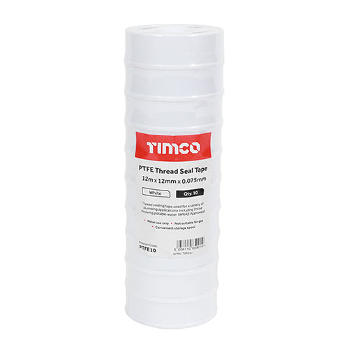 This is an image of Timco - PTFE Thread Seal Tape 12m x 12mm (10 PCS Roll Pack) PCSPTFE10