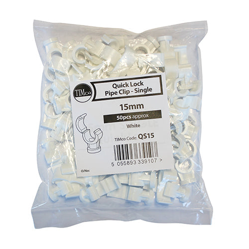This is an image of Timco - Pipe Clips - Quick Lock - Single 15mm - (50 PCS Bag) QS15