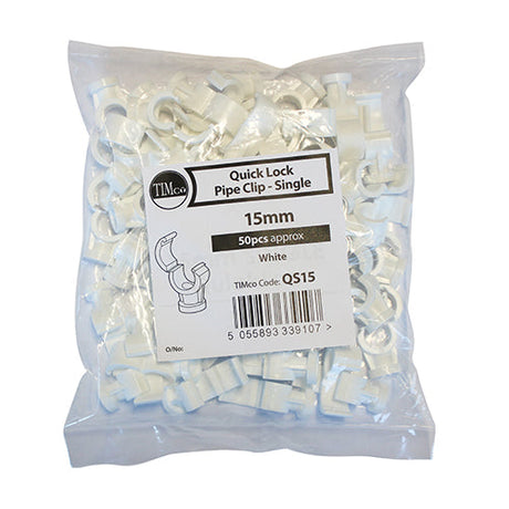 This is an image of Timco - Pipe Clips - Quick Lock - Single 15mm - (50 PCS Bag) QS15