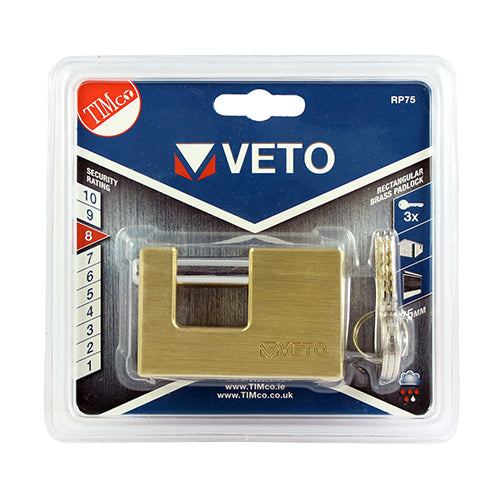 This is an image of Timco - Rectangular Brass Padlock 75mm (1 Each Blister Pack) RP75
