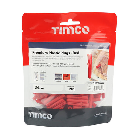 This is an image of Timco - Premium Plastic Plugs - Red 34mm - (200 PCS TIMbag) RPLUGPREM200