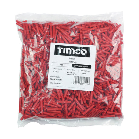This is an image of Timco - Premium Plastic Plugs - Red 34mm - (1000 PCS Bag) RPLUGPREM