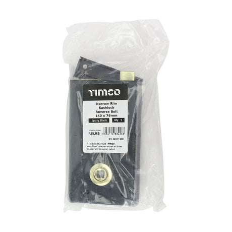This is an image of Timco - Narrow Rim Sashlock Reverse Bolt - Epoxy Black 140 x 76 (1 Each Bag) RSLRB