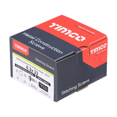This is an image of Timco - Metal Construction Stitching Screws - For Sheet to Sheet - Hex - EPDM Washer - Self-Drilling - Exterior - Silver Organic 6.3 x 22mm - (100 PCS Box) S22W16B