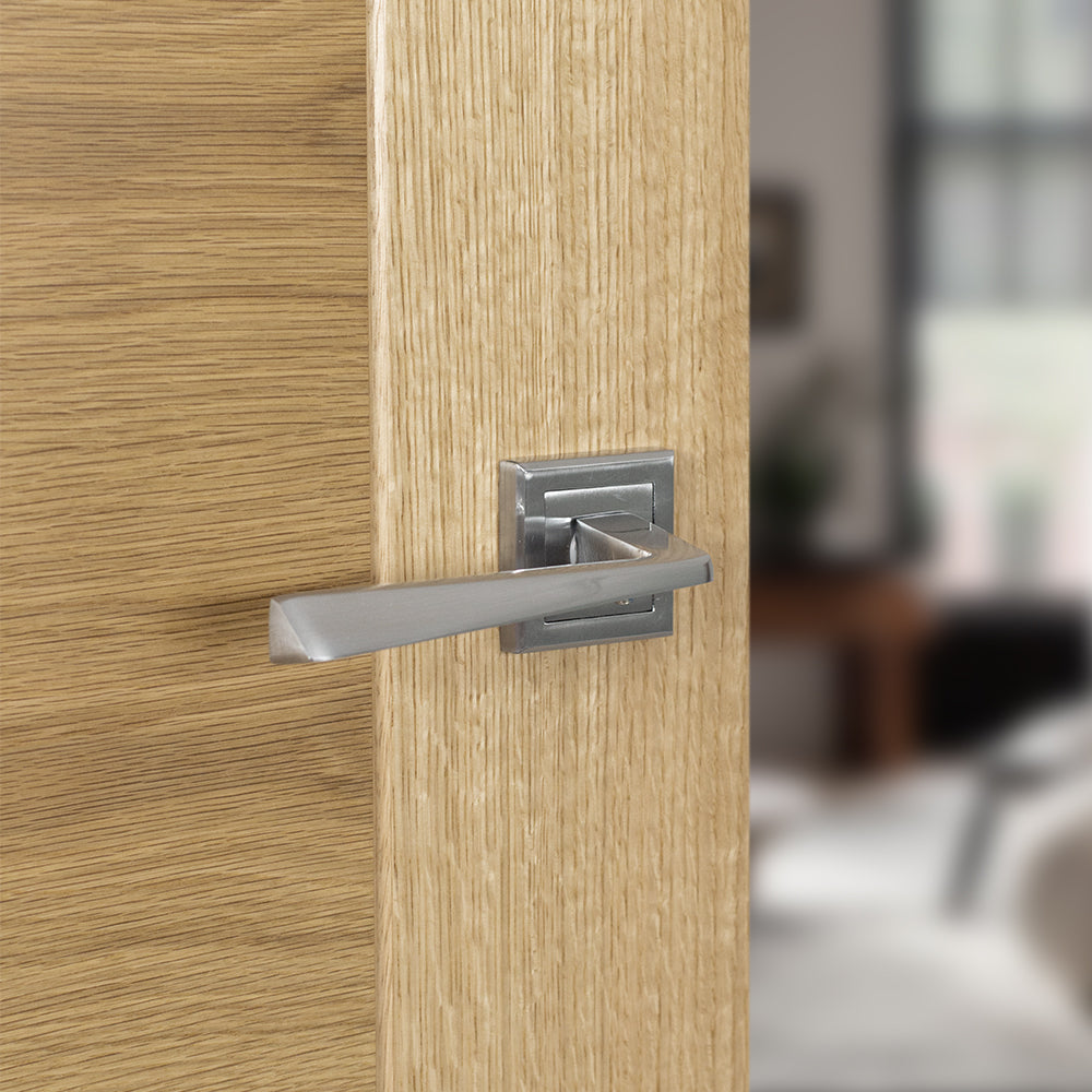 Quality image of STATUS California Lever Door Handle on Square Rose - Satin Chrome | Sku. s23ssc | available from Trade Door Handles.