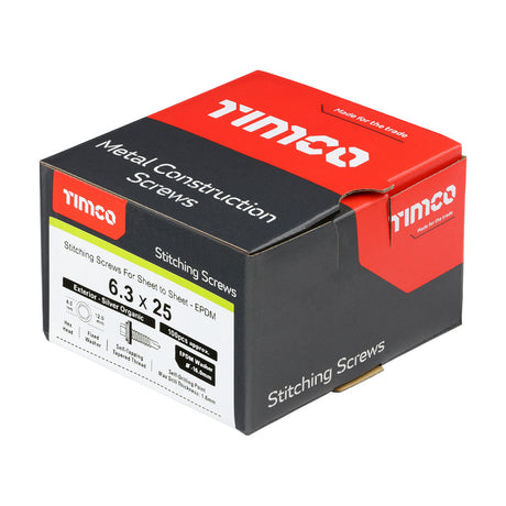 This is an image of Timco - Metal Construction Stitching Screws - For Sheet to Sheet - Hex - EPDM Washer - Self-Drilling - Exterior - Silver Organic 6.3 x 25mm - (100 PCS Box) S25W16B