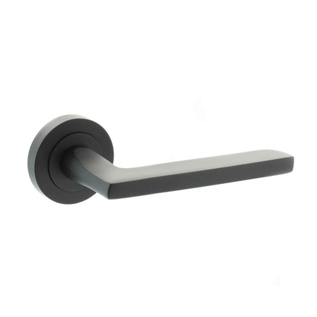 Quality image of STATUS Alaska Lever Door Handle on Round Rose - Matt Black | Sku. s26rmb | available from Trade Door Handles.