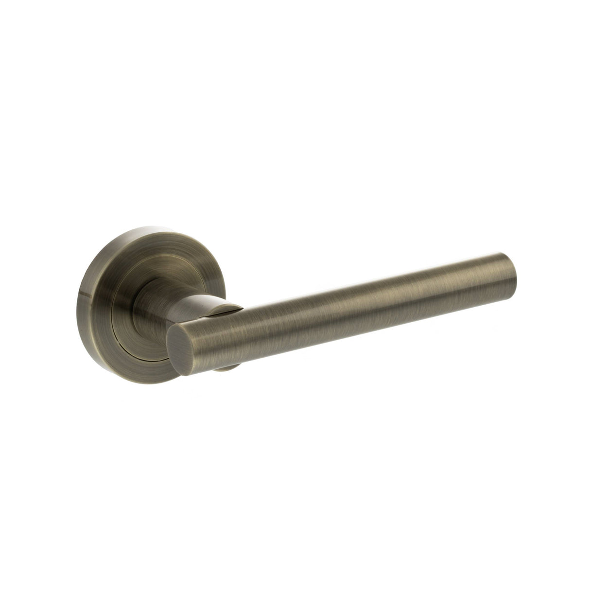 Quality image of STATUS Nebraska Lever Door Handle on Round Rose - Antique Brass | Sku. s28rab | available from Trade Door Handles.