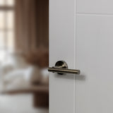 Quality image of STATUS Nebraska Lever Door Handle on Round Rose - Antique Brass | Sku. s28rab | available from Trade Door Handles.