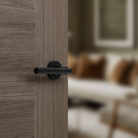 Quality image of STATUS Nebraska Lever Door Handle on Round Rose - Matt Black | Sku. s28rmb | available from Trade Door Handles.