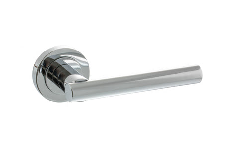 Quality image of STATUS Nebraska Lever Door Handle on Round Rose - Polished Chrome | Sku. s28rpc | available from Trade Door Handles.