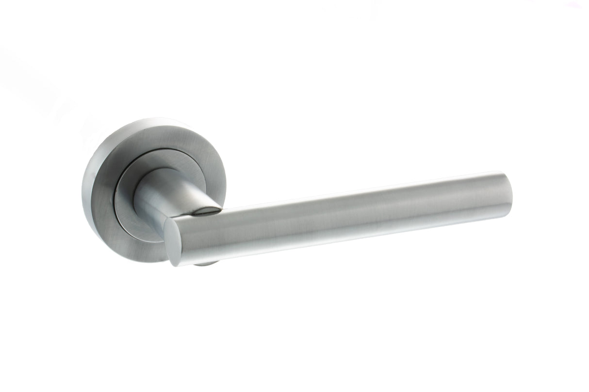 Quality image of STATUS Nebraska Lever Door Handle on Round Rose - Satin Chrome | Sku. s28rsc | available from Trade Door Handles.