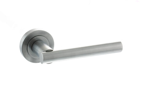 Quality image of STATUS Nebraska Lever Door Handle on Round Rose - Satin Chrome | Sku. s28rsc | available from Trade Door Handles.