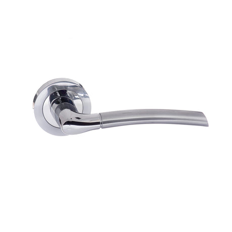Quality image of STATUS Indiana Lever Door Handle on Round Rose - Satin Chrome/Polished Chrome | Sku. s33rscpc | available from Trade Door Handles.