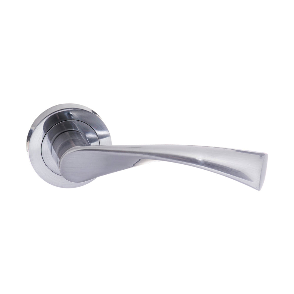 Quality image of STATUS Colorado Lever Door Handle on Round Rose - Satin Chrome | Sku. s34rsc | available from Trade Door Handles.