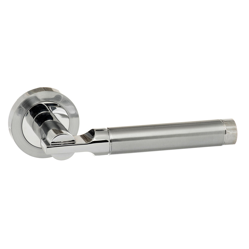 Quality image of STATUS Dakota Lever Door Handle on Round Rose - Satin Chrome/Polished Chrome | Sku. s36rscpc | available from Trade Door Handles.