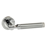 Quality image of STATUS Dakota Lever Door Handle on Round Rose - Satin Chrome/Polished Chrome | Sku. s36rscpc | available from Trade Door Handles.