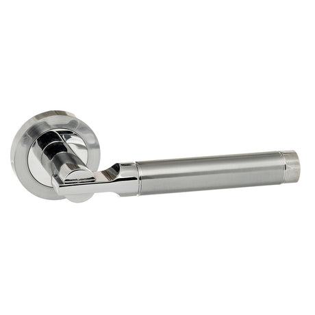 Quality image of STATUS Dakota Lever Door Handle on Round Rose - Satin Chrome/Polished Chrome | Sku. s36rscpc | available from Trade Door Handles.