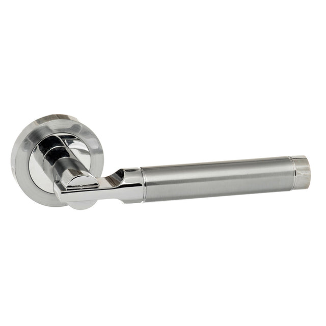 Quality image of STATUS Dakota Lever Door Handle on Round Rose - Satin Chrome/Polished Chrome | Sku. s36rscpc | available from Trade Door Handles.