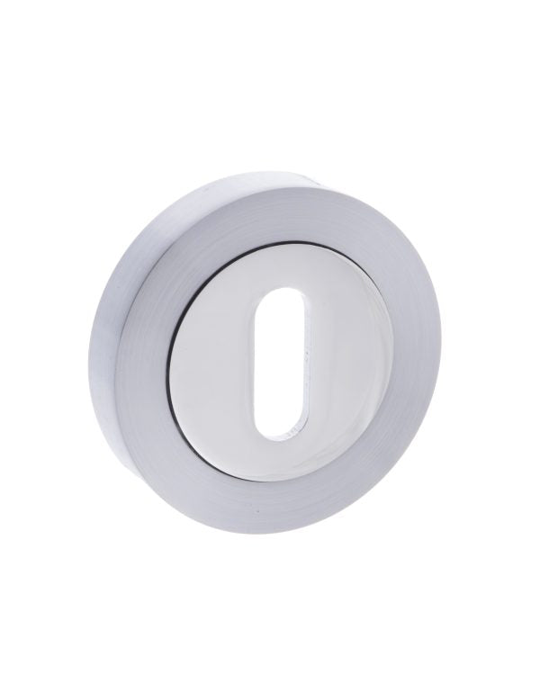 Quality image of Mediterranean Key Escutcheons on Round Rose - Satin Chrome/Polished Chrome | Sku. mesckscpc | available from Trade Door Handles.