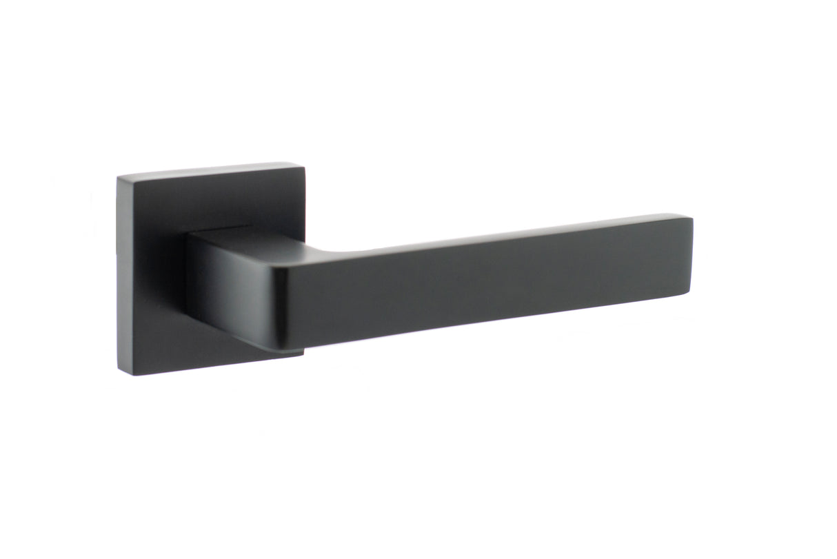 Quality image of STATUS Montana Lever Door Handle on S4 Square Rose - Matt Black | Sku. s40smb | available from Trade Door Handles.