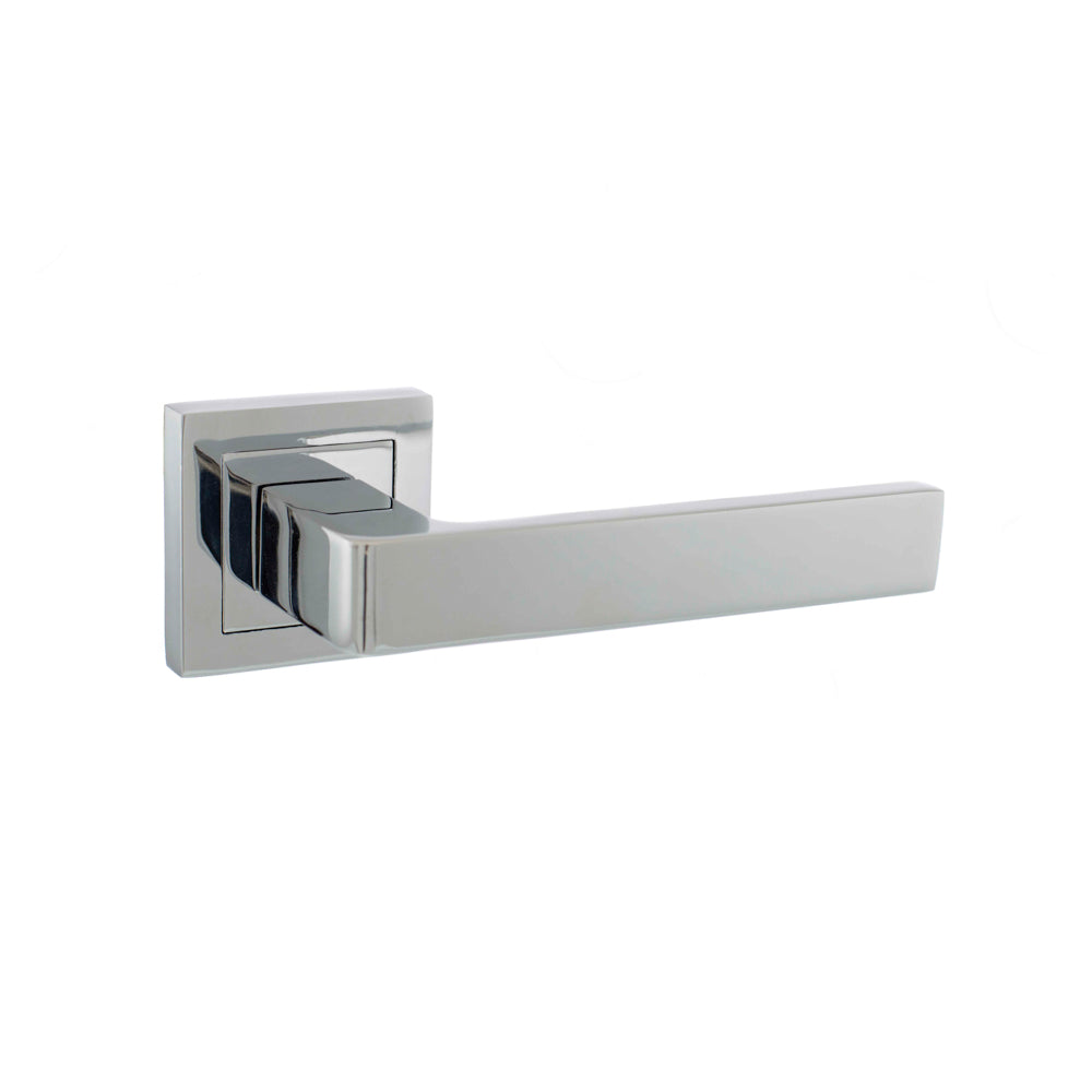 Quality image of STATUS Montana Lever Door Handle on S4 Square Rose - Polished Chrome | Sku. s40spc | available from Trade Door Handles.