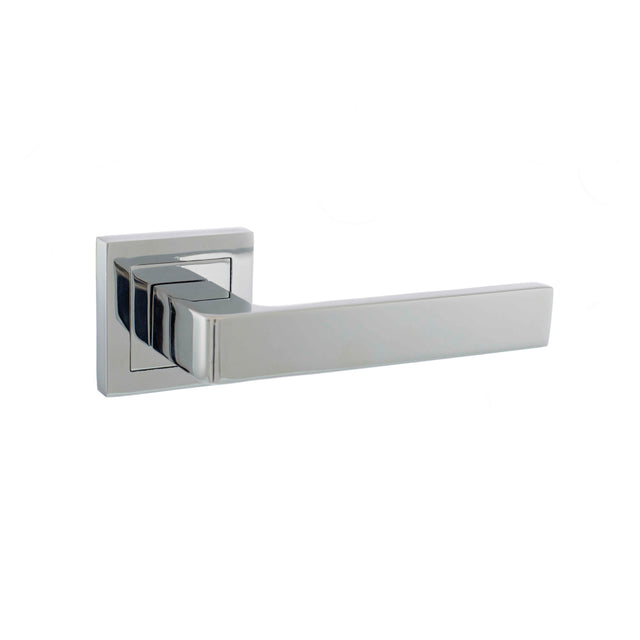 Quality image of STATUS Montana Lever Door Handle on S4 Square Rose - Polished Chrome | Sku. s40spc | available from Trade Door Handles.
