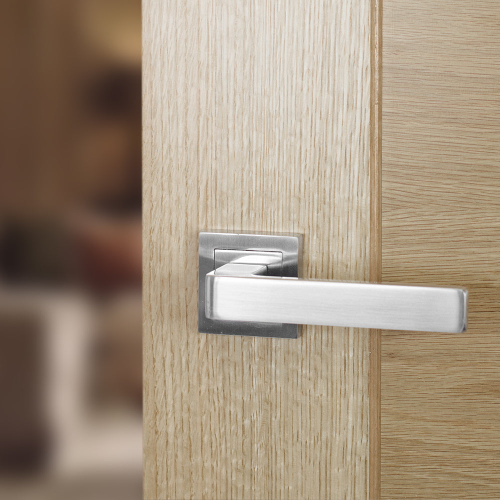 Quality image of STATUS Montana Lever Door Handle on S4 Square Rose - Satin Chrome | Sku. s40ssc | available from Trade Door Handles.