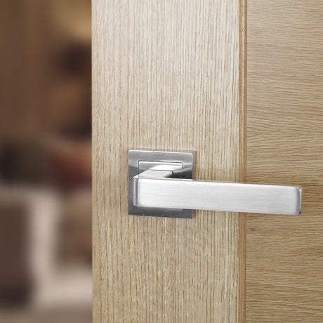 Quality image of STATUS Montana Lever Door Handle on S4 Square Rose - Satin Chrome | Sku. s40ssc | available from Trade Door Handles.