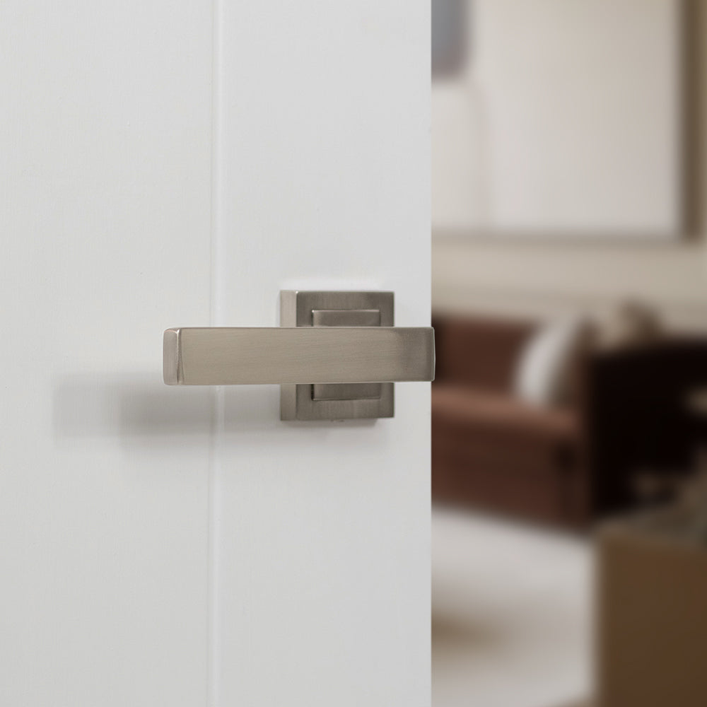 Quality image of STATUS Montana Lever Door Handle on S4 Square Rose - Satin Nickel | Sku. s40ssn | available from Trade Door Handles.