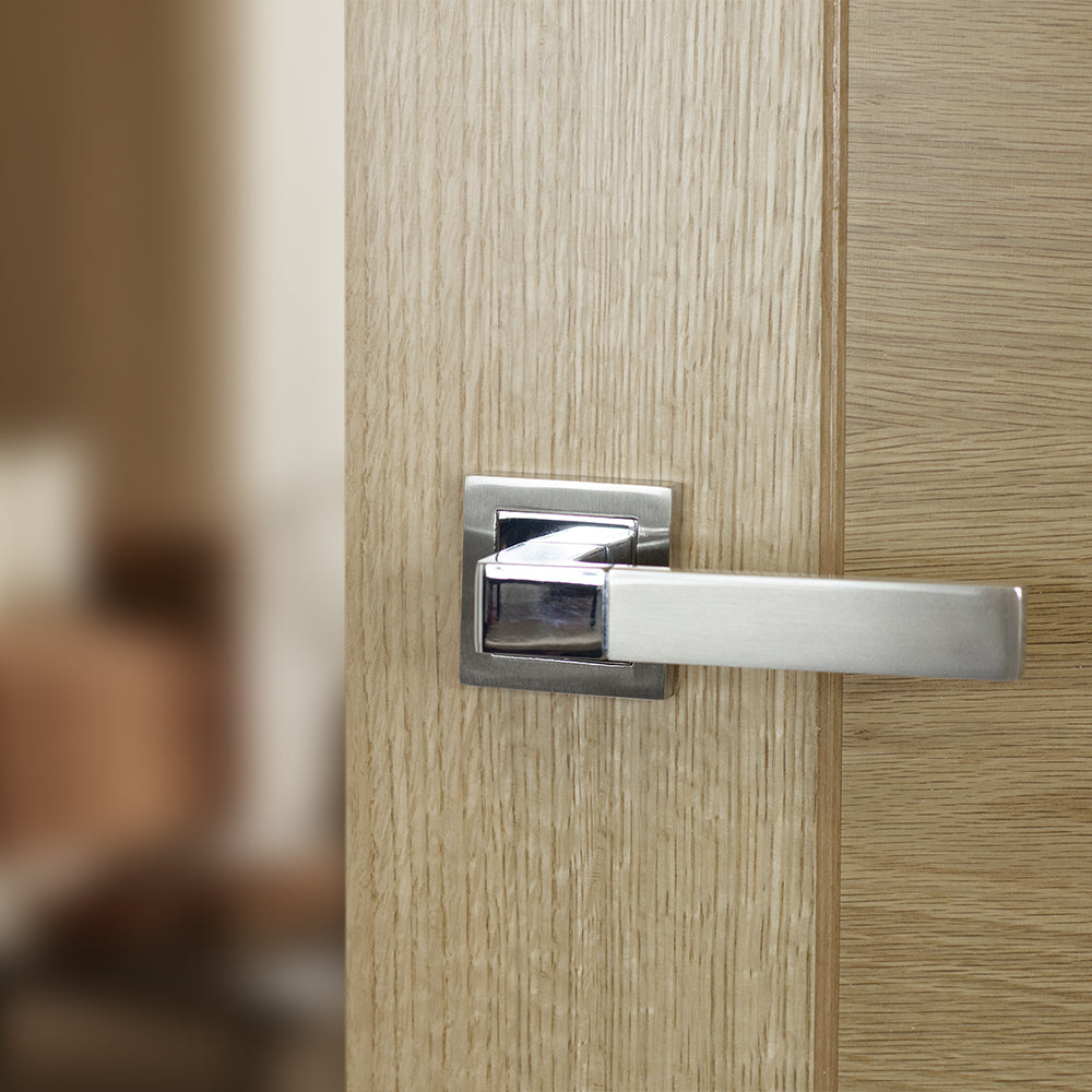 Quality image of STATUS Montana Lever Door Handle on S4 Square Rose - Satin Nickel/Polished Chrome | Sku. s40ssnpc | available from Trade Door Handles.