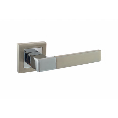Quality image of STATUS Montana Lever Door Handle on S4 Square Rose - Satin Nickel/Polished Chrome | Sku. s40ssnpc | available from Trade Door Handles.