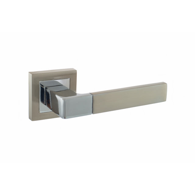 Quality image of STATUS Montana Lever Door Handle on S4 Square Rose - Satin Nickel/Polished Chrome | Sku. s40ssnpc | available from Trade Door Handles.