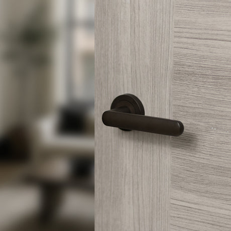 Quality image of STATUS Carolina Lever Door Handle on Round Rose - Urban Dark Bronze | Sku. s42rudb | available from Trade Door Handles.