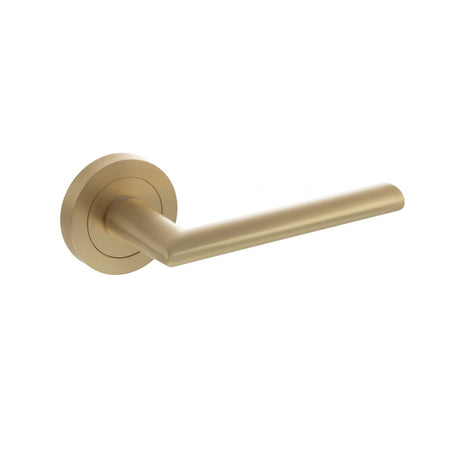Quality image of STATUS Alabama Lever Door Handle on Round Rose - Satin Brass | Sku. s43rsb | available from Trade Door Handles.